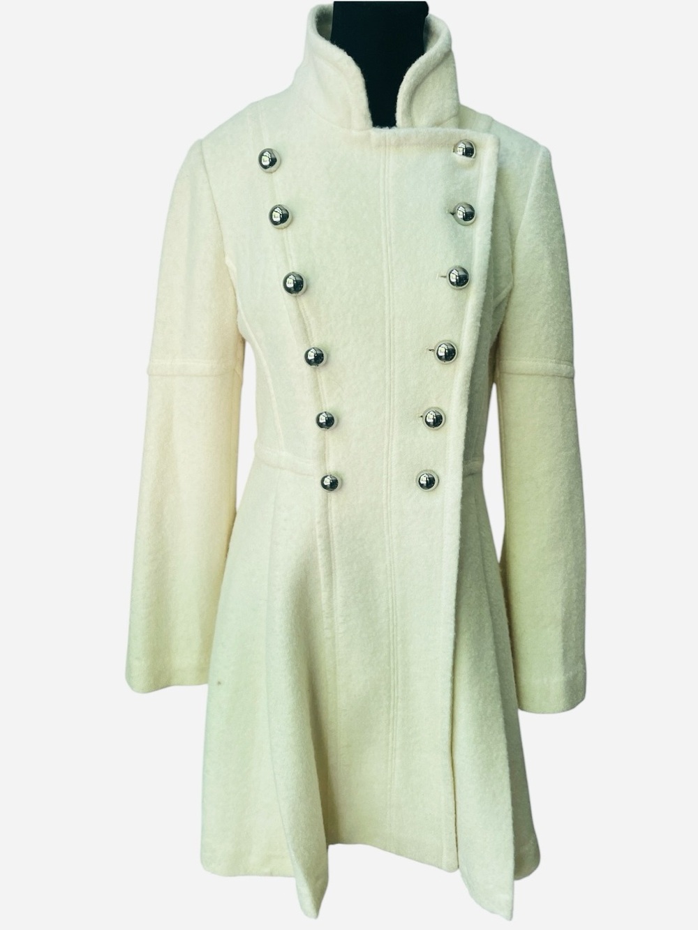 Guess Cream Double-Breasted Long Sleeve Military Coat Dress